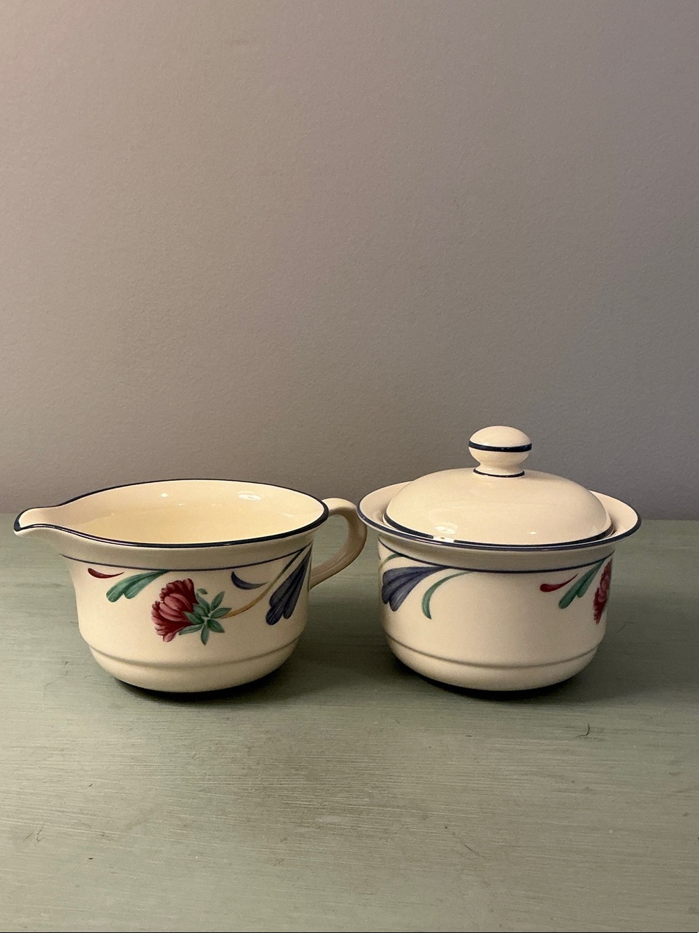 Lenox Vintage Poppies on Blue Creamer and Sugar Bowl Set